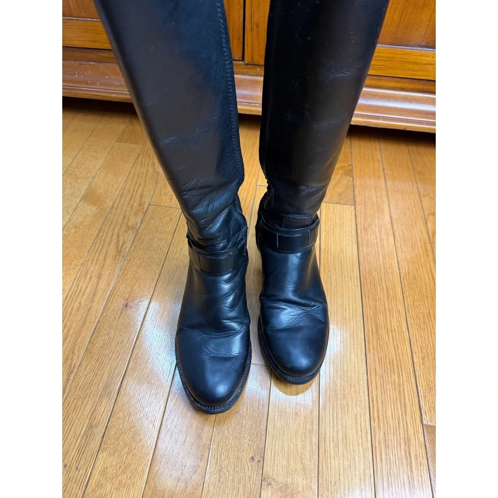 Tory Burch Colton Riding Boot Black Leather Tall Riding Boots‎ Embossed Logo 7M